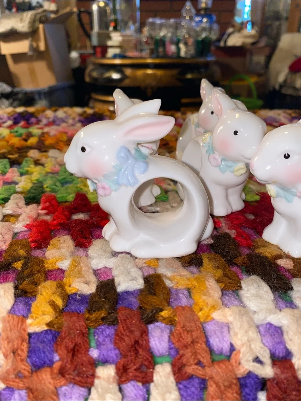 Vintage White Ceramic Bunny Napkin Holders with Blue Bows- Set of 6